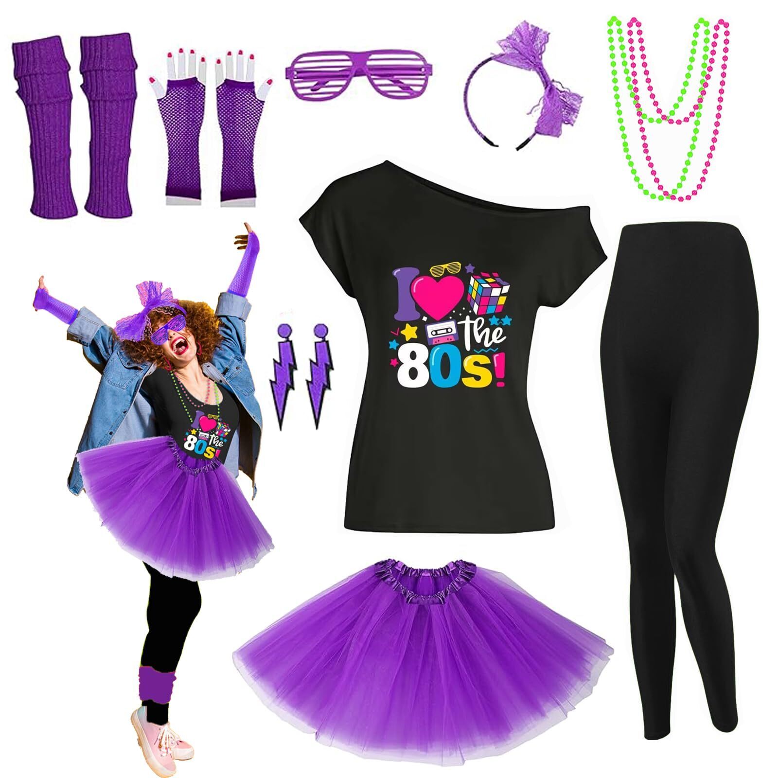8863 80s Outfit Costume Accessoriess Set T Shirt Leggings Tutu
